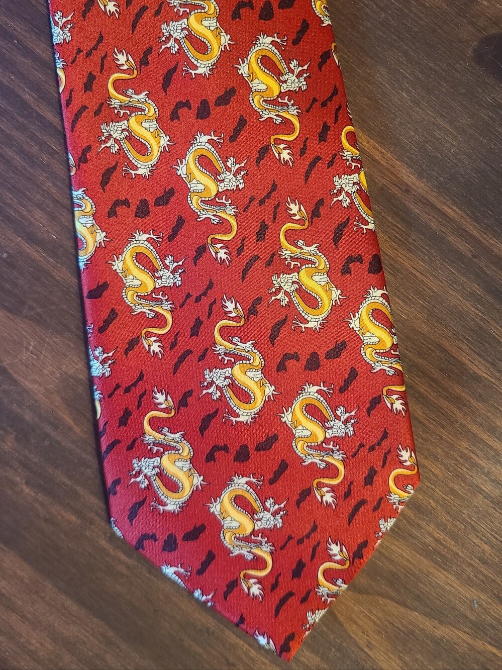 Kai Long Silk Red Dragon Print Men's Tie